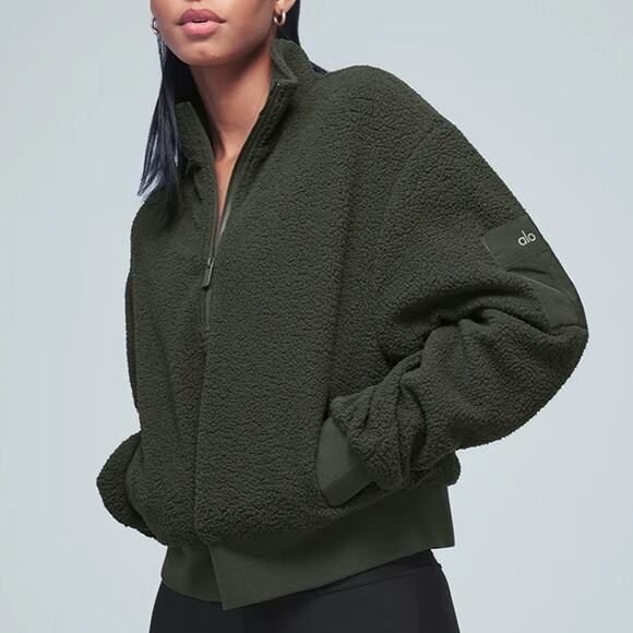 Alo Yoga Micro Sherpa Solstice Half Zip Pullover Green Cozy Athleisure Fleece